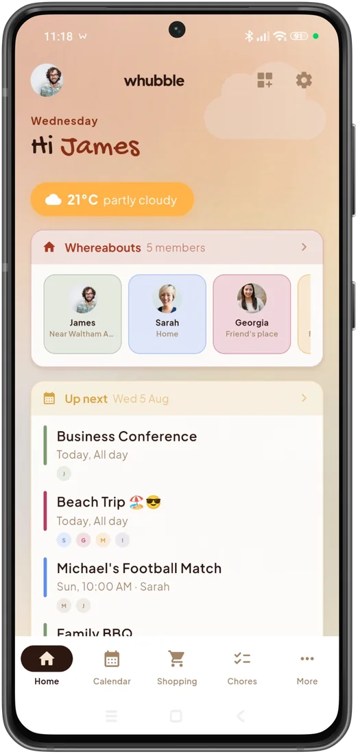 Whubble's home screen: where everyone is, the weather and what's coming up